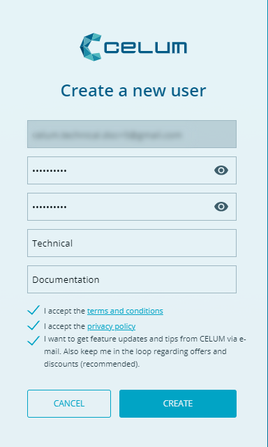 CELUM Clound Account window for creating a new user